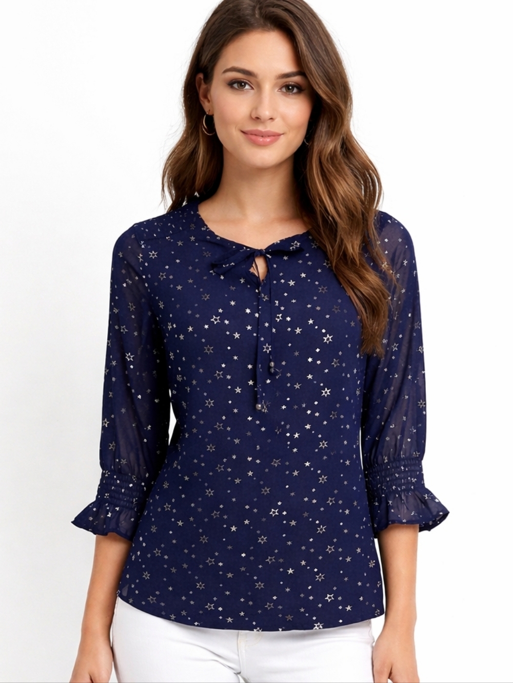 Dressbarn Navy Blue & Silver Star Print Sheer Blouse Lined Chiffon Size M